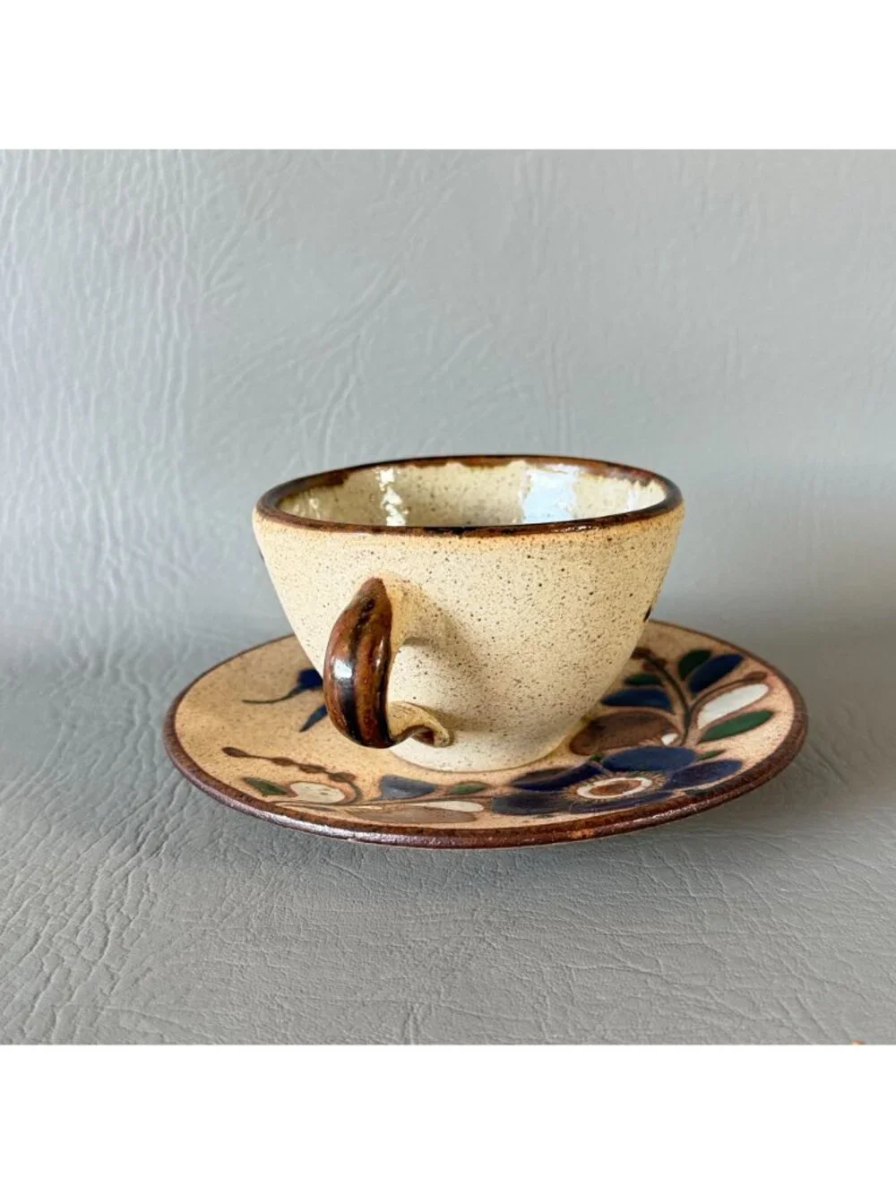 Vintage Tonala Mexico Studio Pottery Cup Saucer Set Signed Blue Butterfly 6